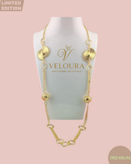 Textured Medallion & Bead Long Station Necklace (Gold)