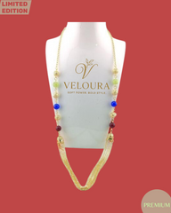 Jewel-Tone Bead & Mesh Chain Long Necklace (Gold)