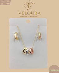 Tri-Tone Interlocking Rings Necklace & Hoop Earring Set