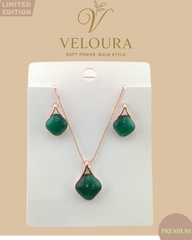 Green Cushion Cabochon Necklace & Stud Earring Set — Rose Gold