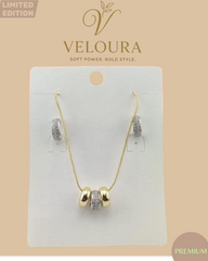 Gold Barrel Bead Necklace & Pavé Huggie Earring Set (Two-Tone)