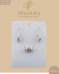 White Enamel Barrel Station Necklace & Huggie Earring Set (Gold)