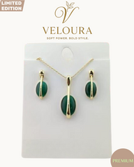 Deep Green Oval Bar Necklace & Stud Earring Set (Gold)