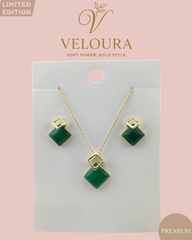 Emerald-Green Geo Necklace & Stud Earring Set (Gold)