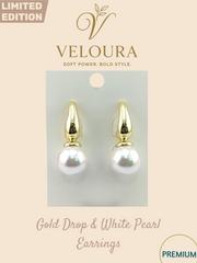 VEL-40XS: Gold Drop & White Pearl Earrings