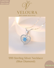 S999 Fine Silver Double Heart Necklace – Blue Center Stone