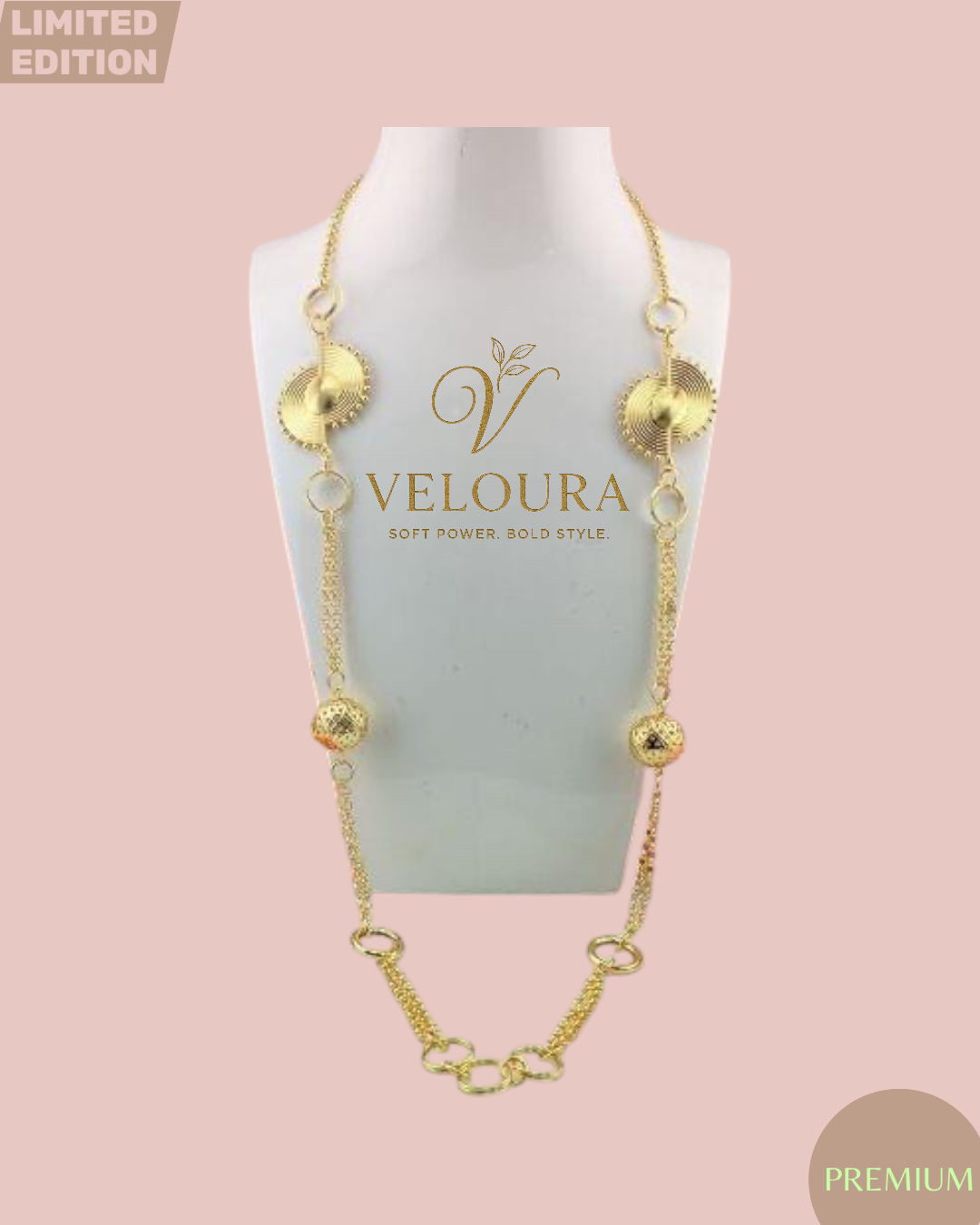 Textured Medallion & Bead Long Station Necklace (Gold)