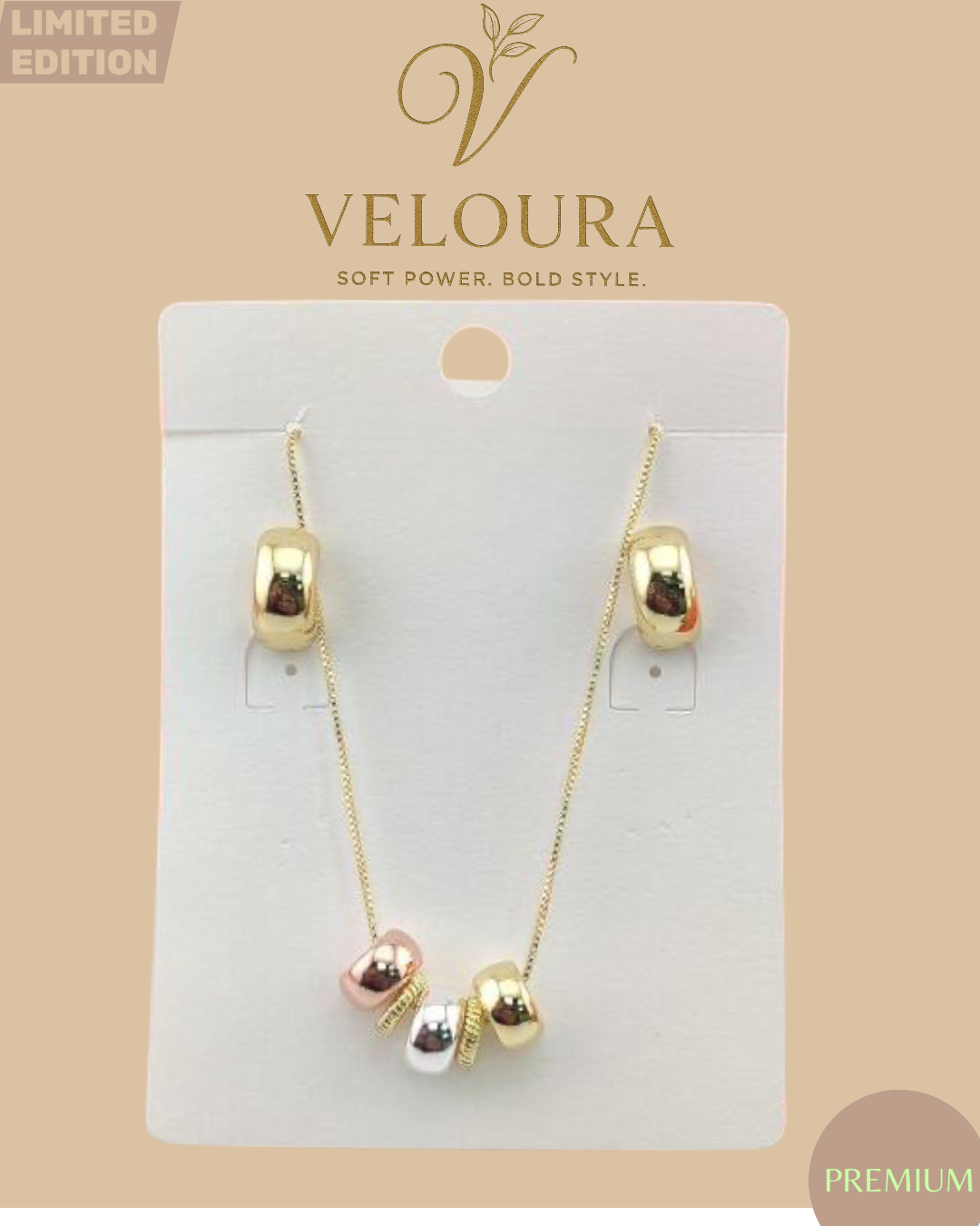 Gold Tri-Tone Barrel Bead Necklace & Huggie Earring Set