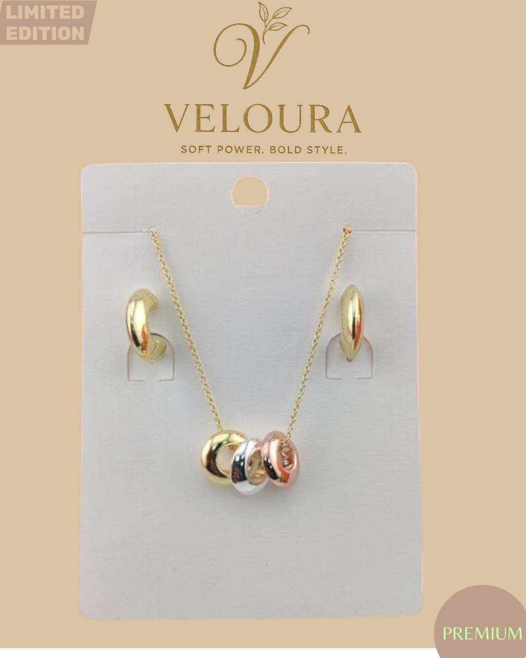 Tri-Tone Interlocking Rings Necklace & Hoop Earring Set