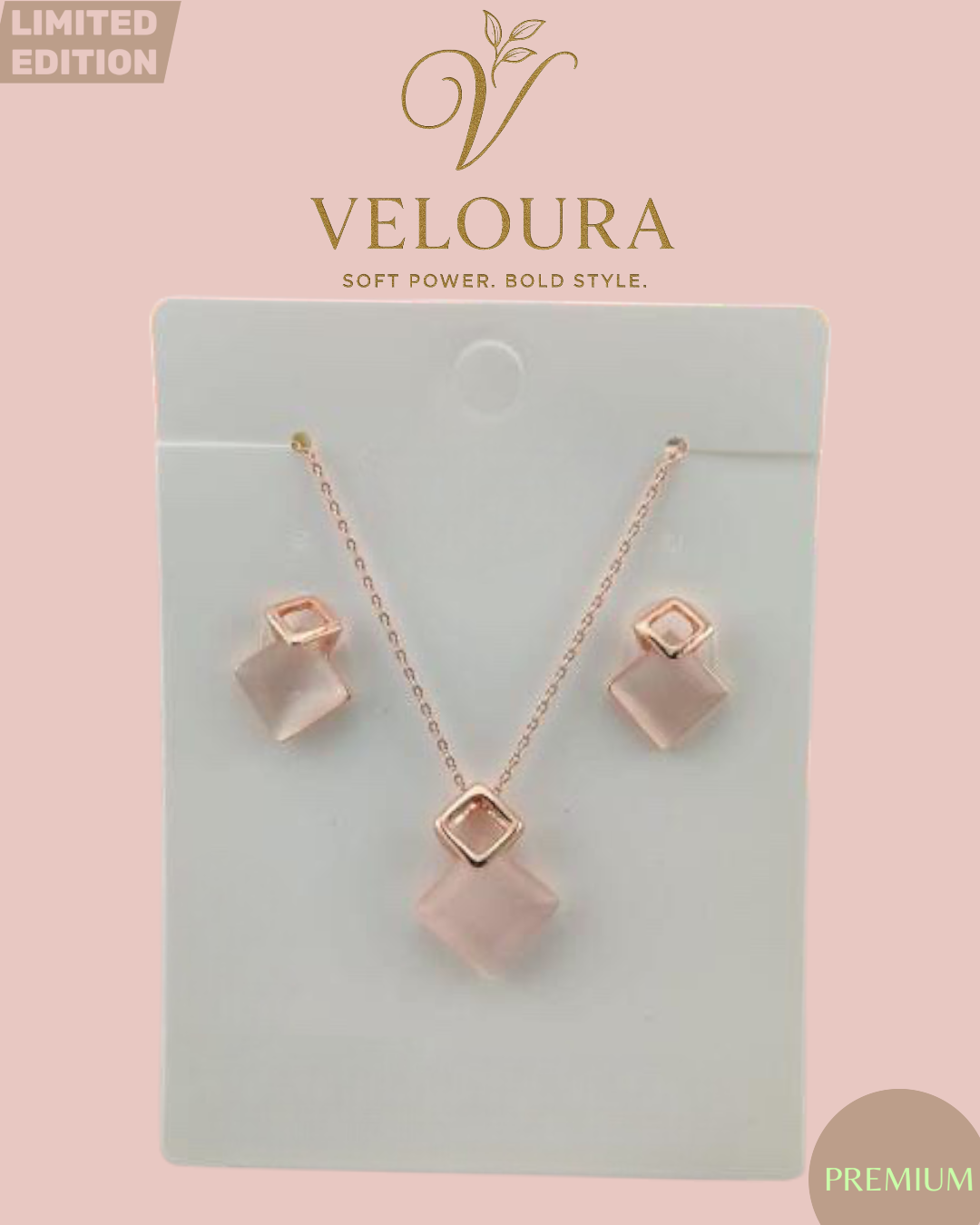 Blush Frosted Geo Necklace & Stud Earring Set (Rose Gold)