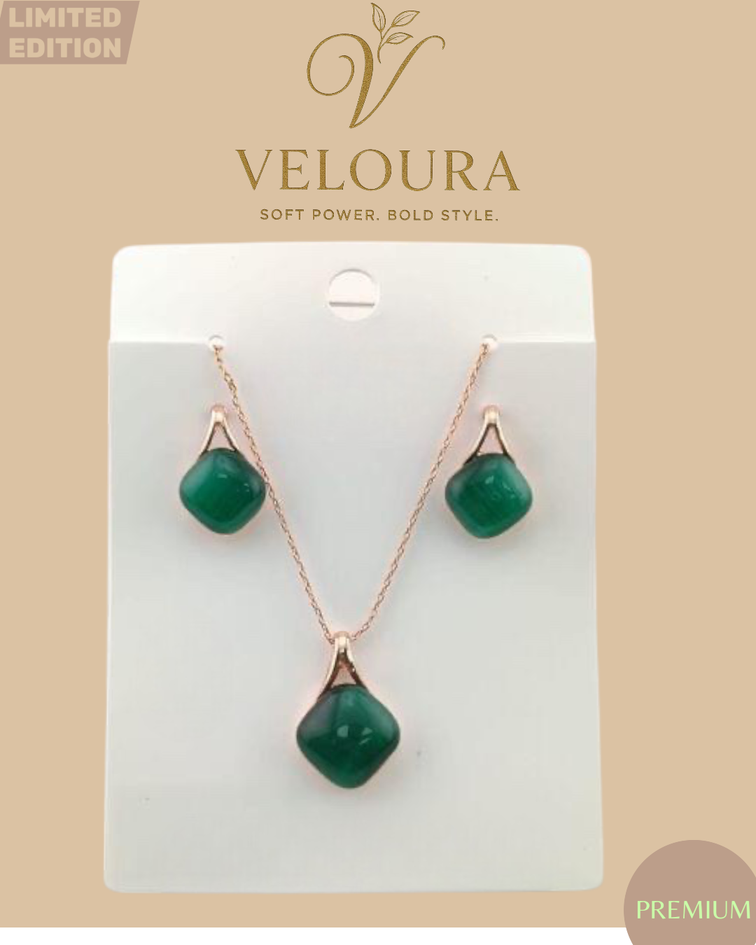 Green Cushion Cabochon Necklace & Stud Earring Set — Rose Gold