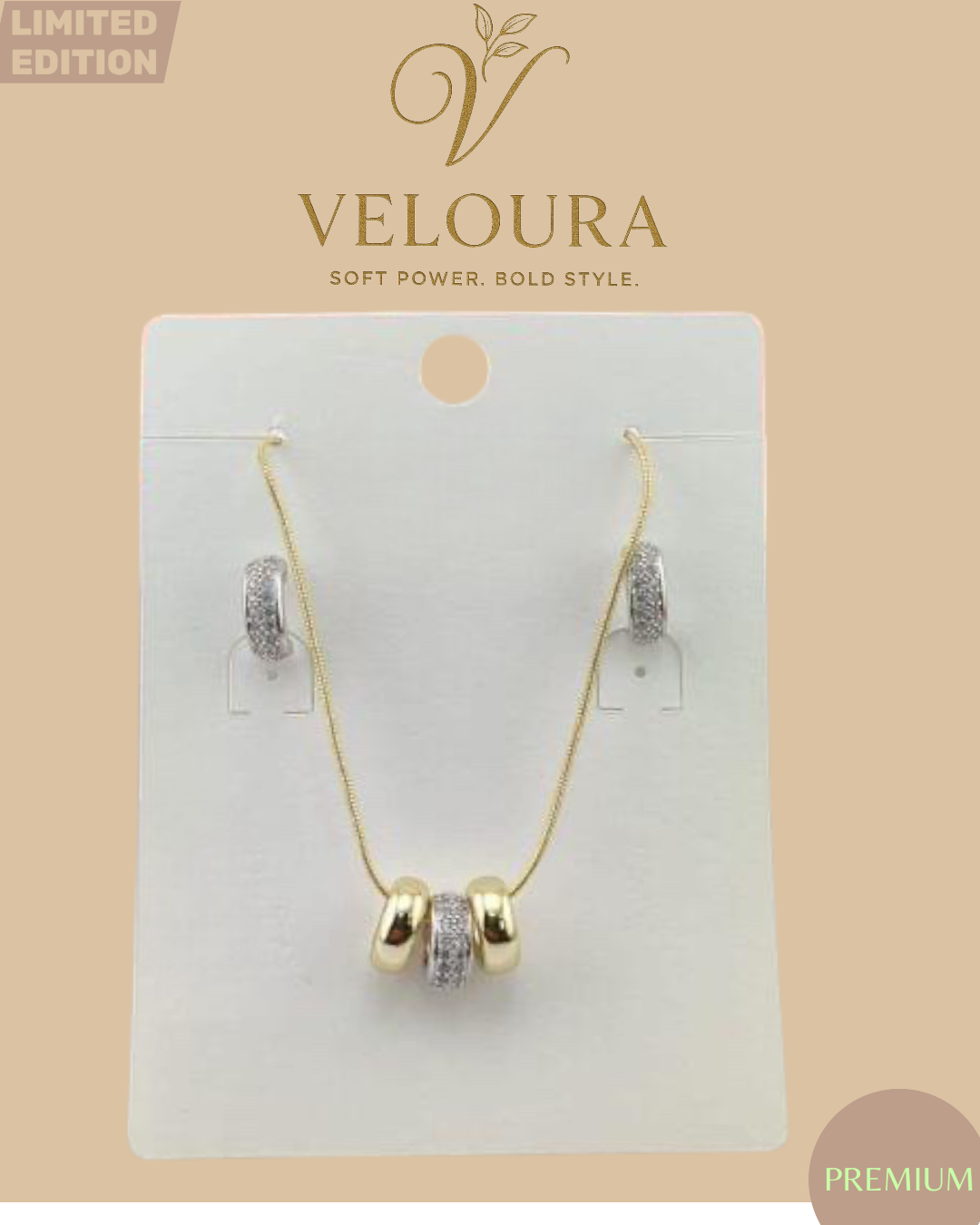 Gold Barrel Bead Necklace & Pavé Huggie Earring Set (Two-Tone)
