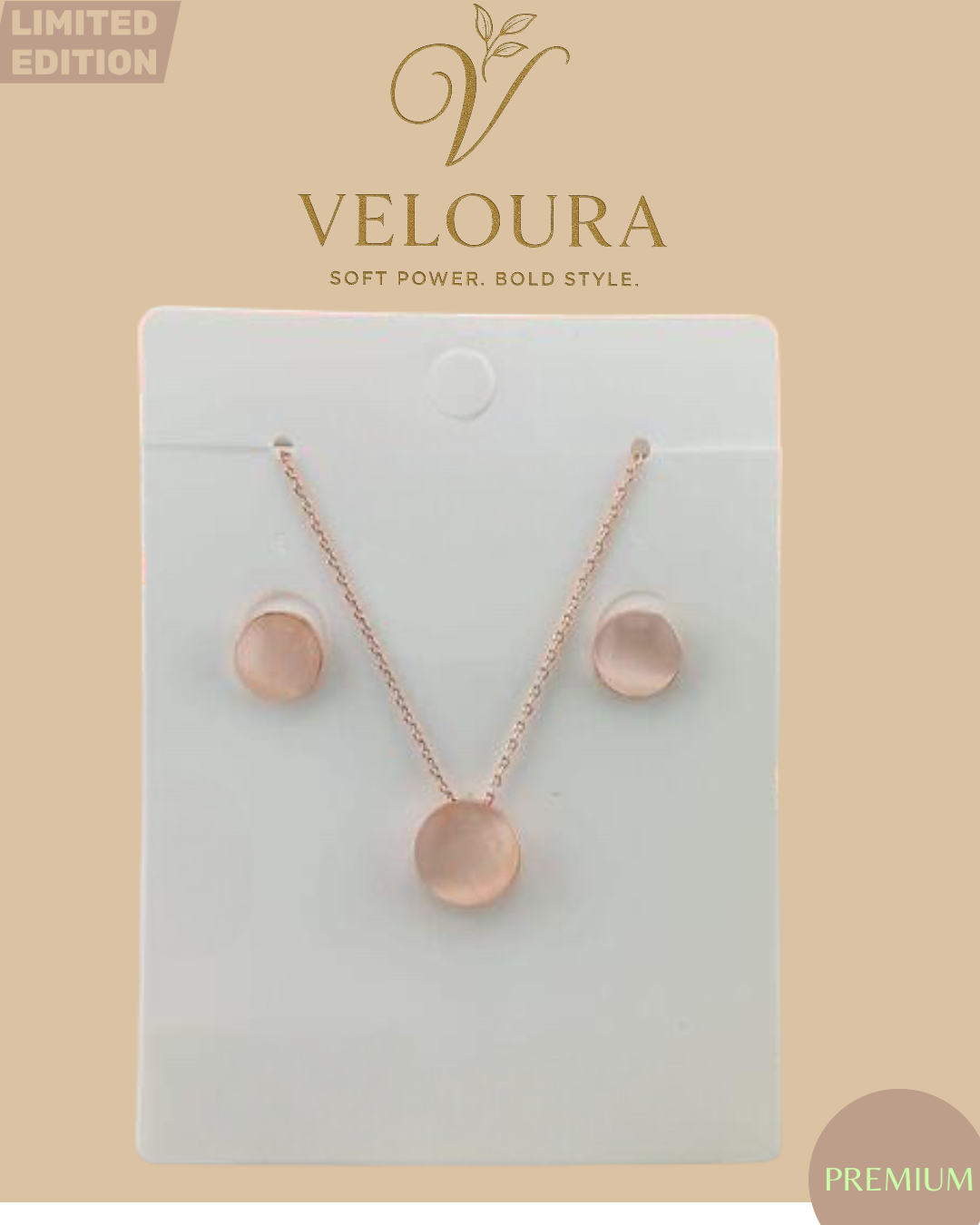 Rose Gold Round Cabochon Pendant Necklace & Stud Earring Set