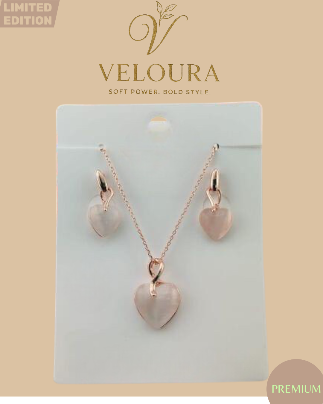 Rose Gold Heart Cabochon Pendant Necklace & Drop Earring Set