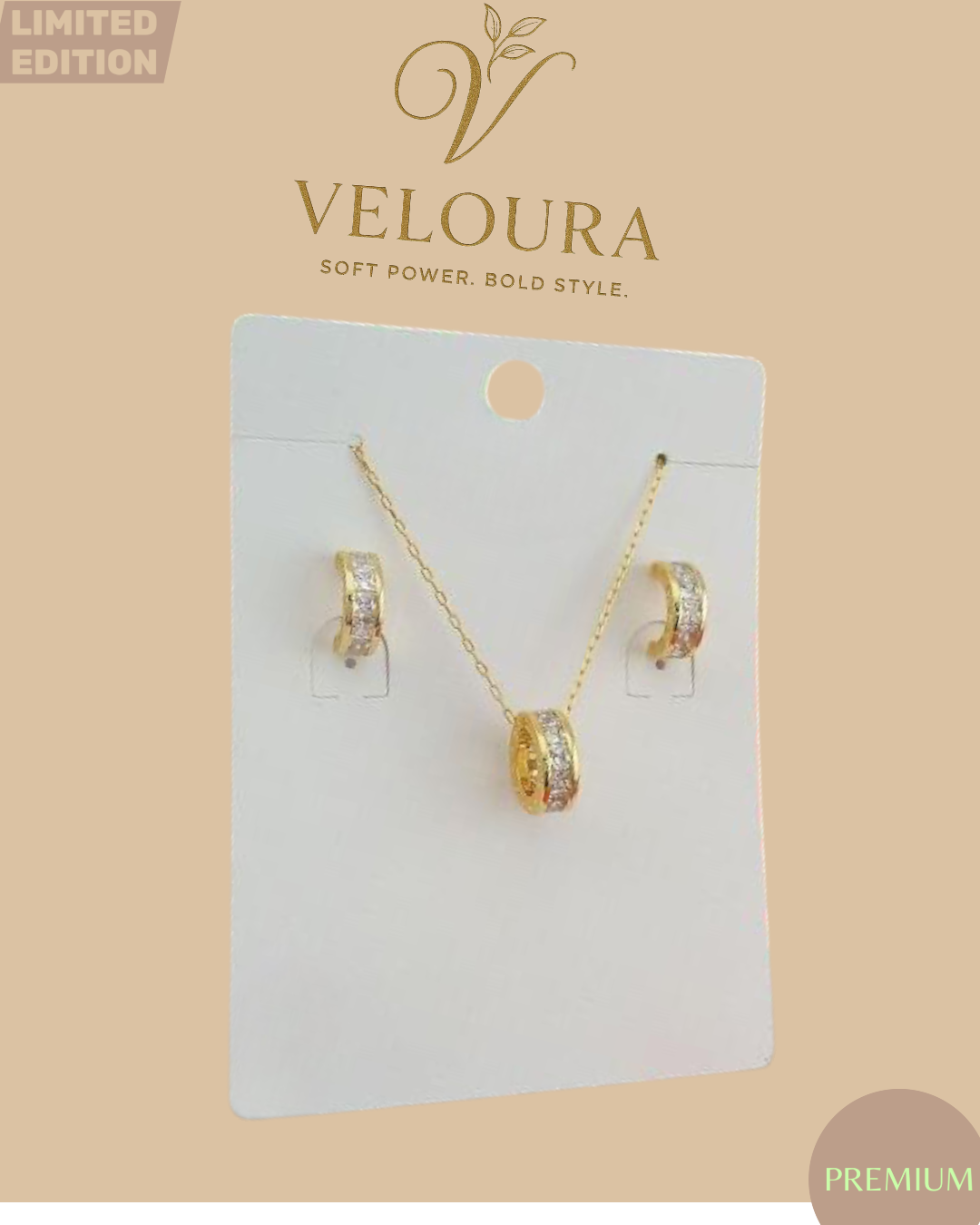 Gold Pavé Barrel Pendant Necklace & Huggie Earring Set