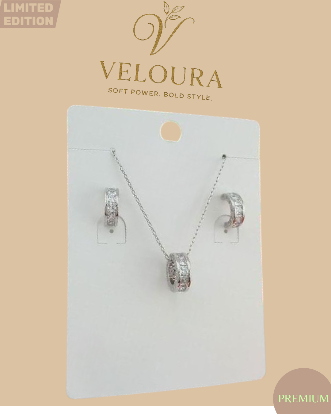 Silver Pavé Barrel Pendant Necklace & Huggie Earring Set