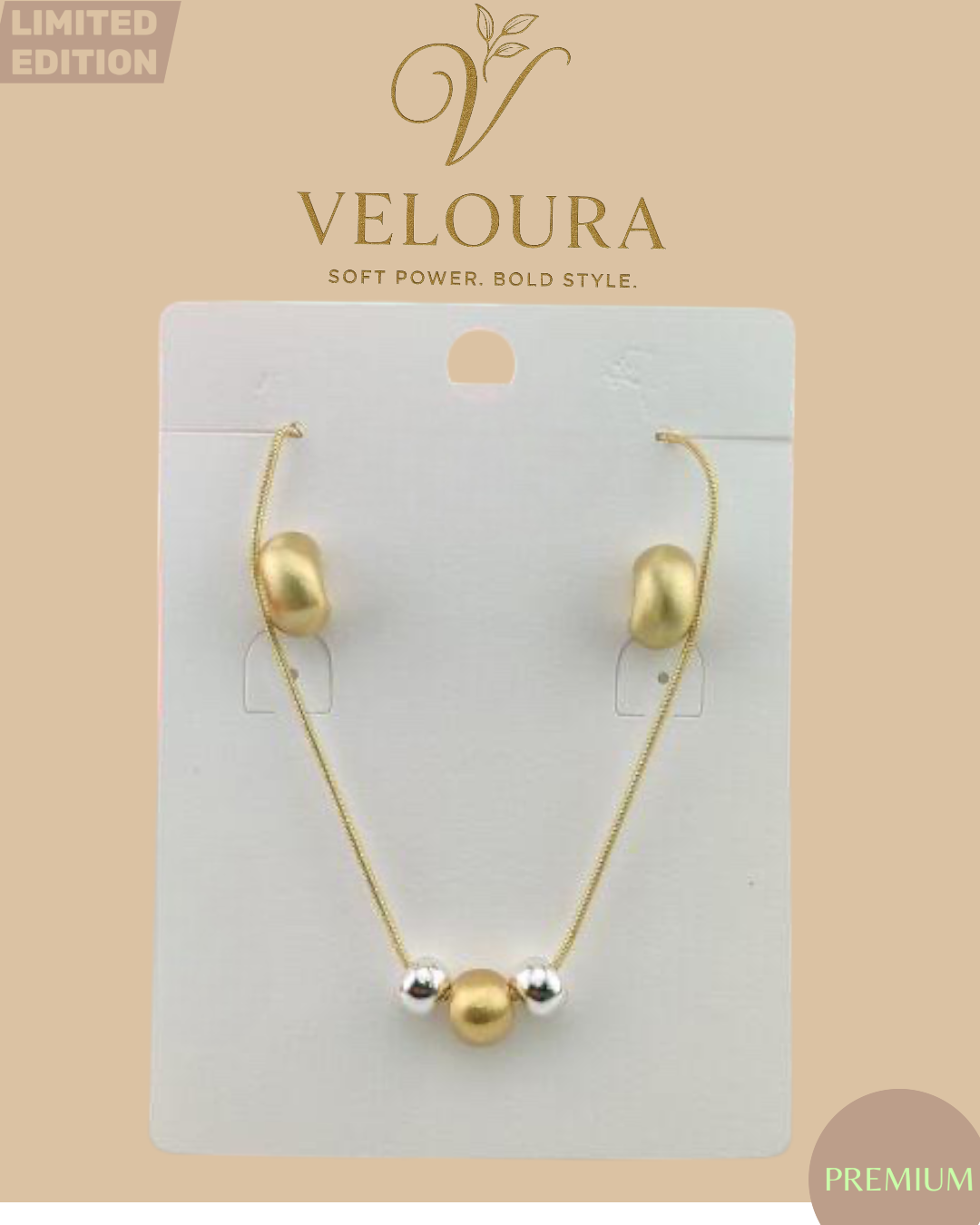 Two-Tone Pebble Bead Necklace & Pebble Stud Earring Set (Gold/Silver)