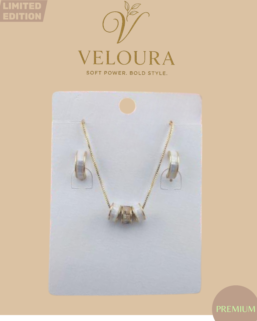 White Enamel Barrel Station Necklace & Huggie Earring Set (Gold)