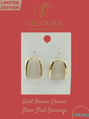 VEL-50X: Gold Frame Cream Stone Stud Earrings