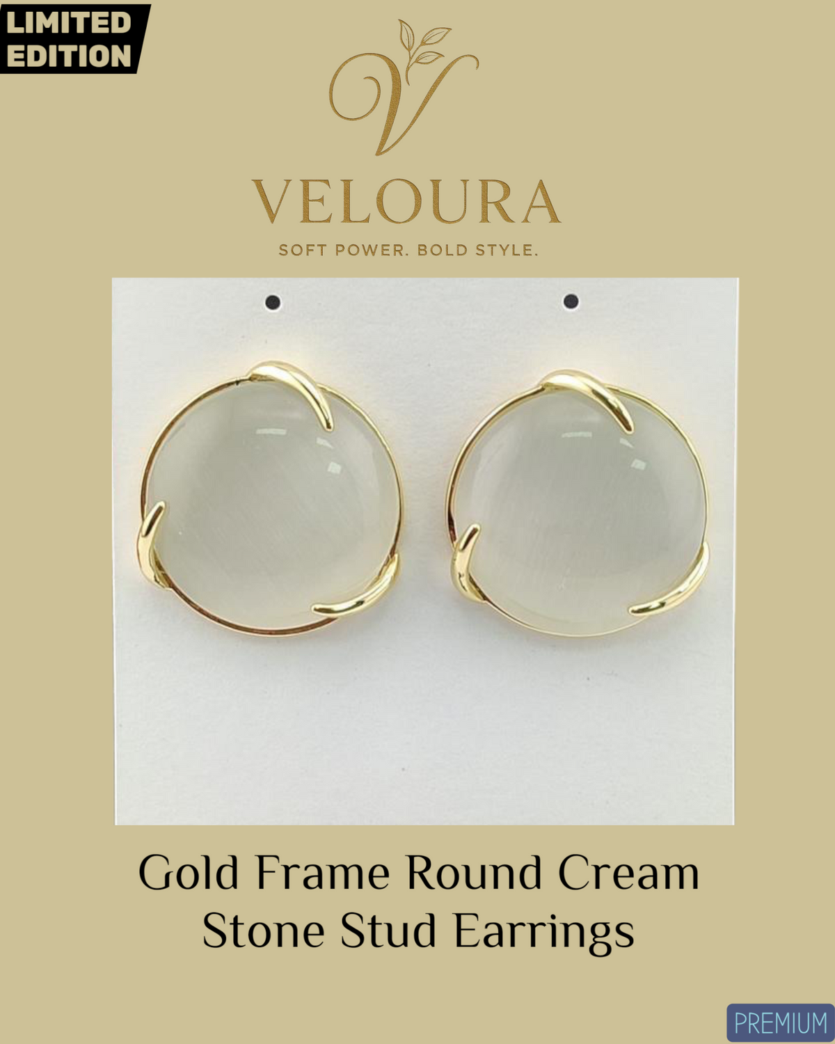 VEL-68X: Gold Frame Round Cream Stone Stud Earrings