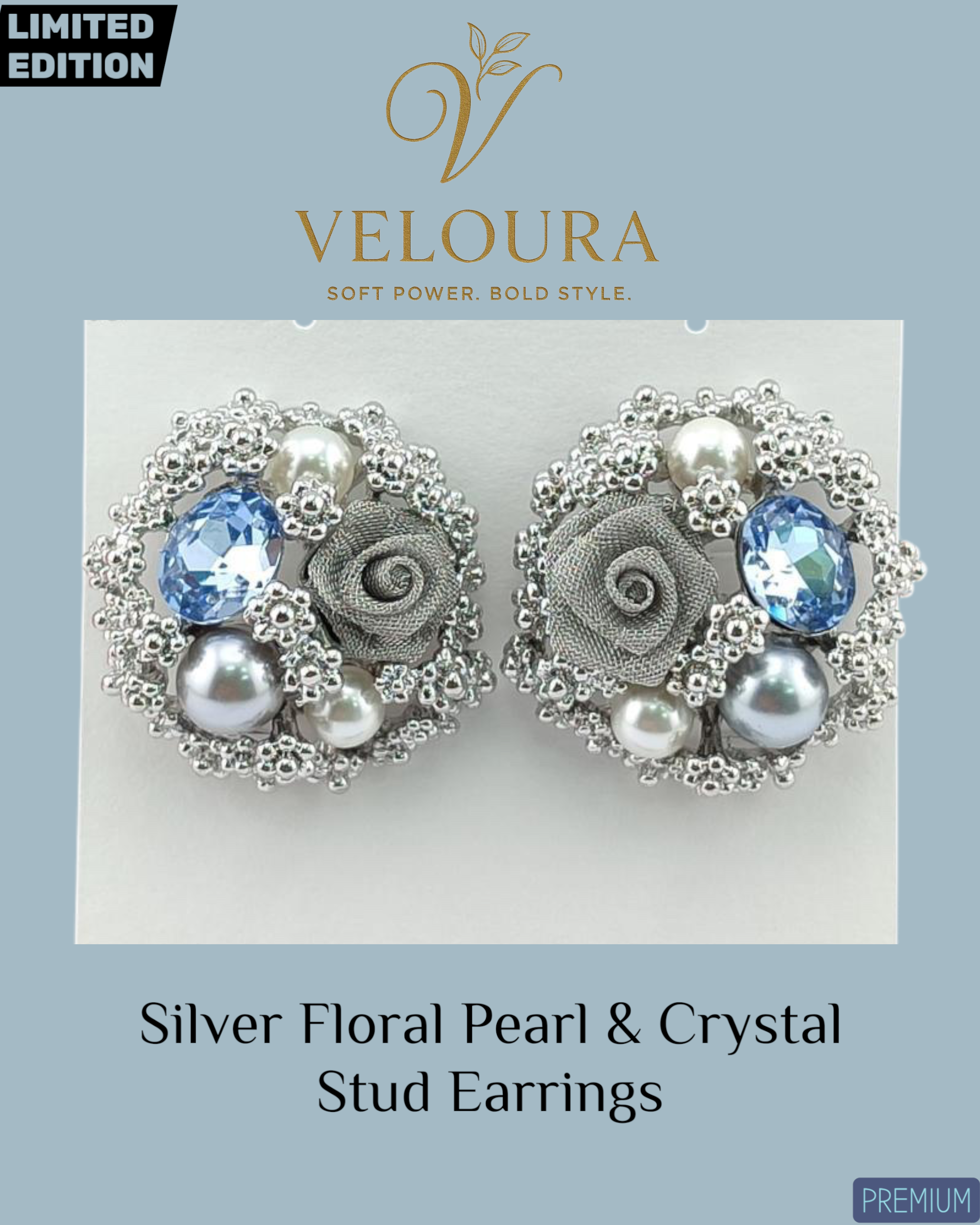 VEL-68XS: Silver Floral Pearl & Crystal Stud Earrings